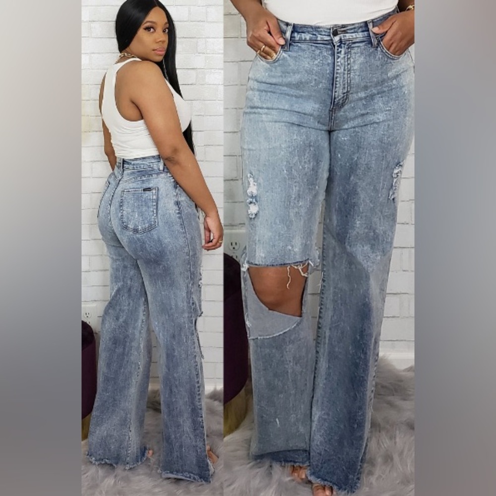 High Waist Ripped Knee Wide Leg Jeans